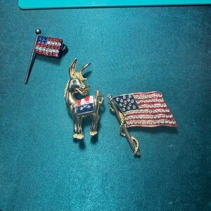 Vintage Erwin Pearl Donkey Brooch – Patriotic Red White Blue‎ Flags Set